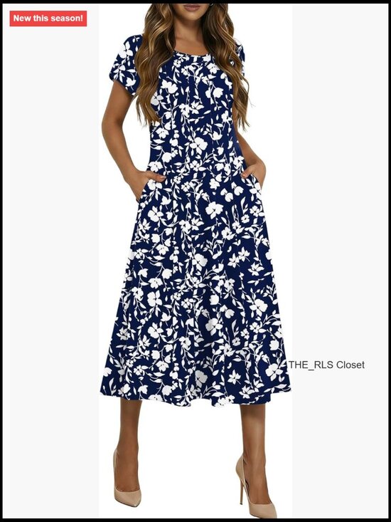 Dresses & Skirts - Midi Dress Women Casual Pleated A Line Sundress Petal Sleeve Flowy
